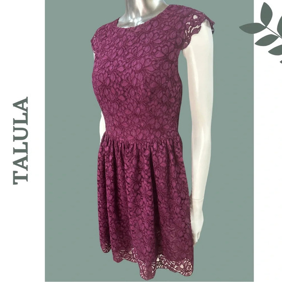 Talula Lace Dress Cap Sleeve  Lined Gathered Waist Burgundy Size 4 - Picture 3 of 6